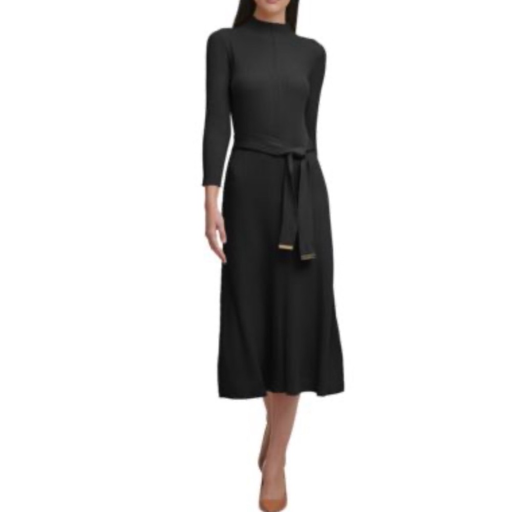 Calvin Klein Mock-Neck Ribbed Midi Sweater Dress with removable belt S
